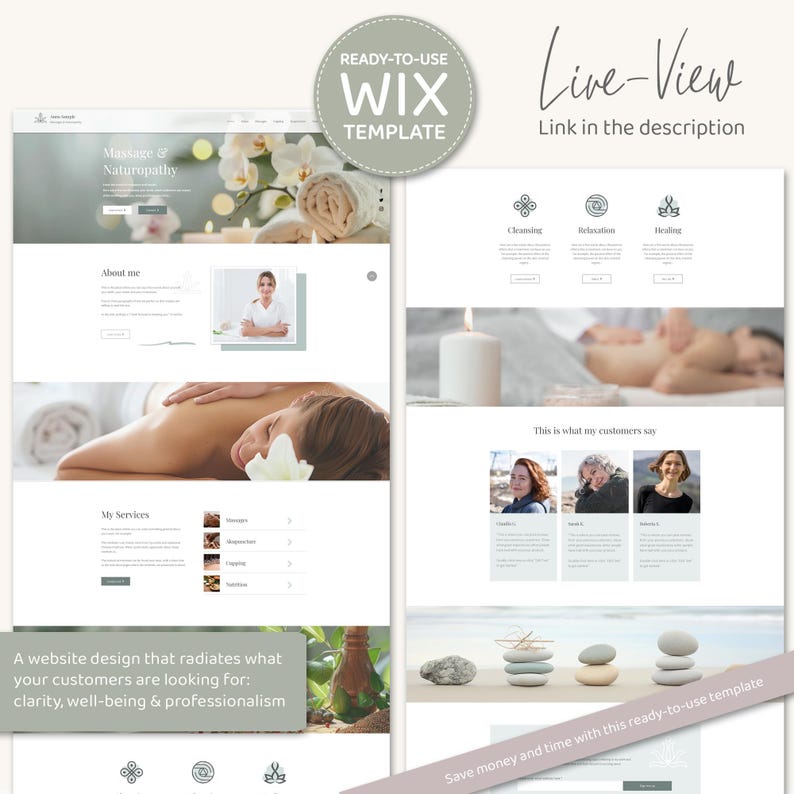 May include: A website template for a massage and naturopathy business. The template features a calming color scheme and images of people receiving massages. The text on the page includes "Massage & Naturopathy", "About Me", "My Services", "Cleansing", "Relaxation", "Healing", and "This is what my customers say".