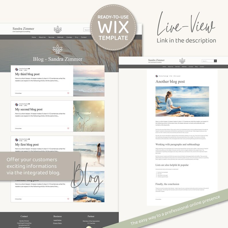 Wix Website Template - Professional webdesign for life-coaches, therapists & service providers, user-friendly, practice-oriented, aesthetic - blog included