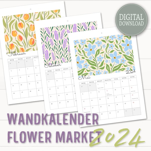 Wandkalender Blumen 2024, DIN A4, "Flower Market" zum Ausdrucken, Geburtstagskalender, Perfektes Geschenk für Blumenfreunde, Sofort-Download