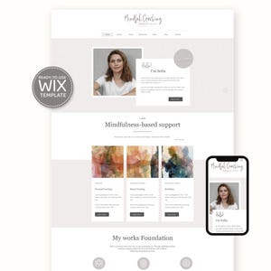 Könnte beinhalten: Ein Website-Design für Mindful Coaching mit minimalistischem Layout. Das Design umfasst ein Foto einer Frau, den Text "Hello! I'm Sofia" und Abschnitte für achtsamkeitsbasierte Unterstützung. Ein Mobiltelefon zeigt die Website an. Ein Badge lautet "READY-TO-USE WIX TEMPLATE."