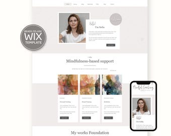 May include: A website design for Mindful Coaching, featuring a clean, minimalist layout. The design includes a photo of a woman, the text "Hello! I'm Sofia," and sections for mindfulness-based support. A mobile phone displays the website. A badge reads "READY-TO-USE WIX TEMPLATE."