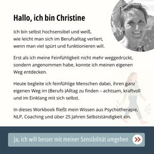 Op de afbeelding: Tekst in het Duits op een witte achtergrond, die Christine en haar werk introduceert. Een foto van een lachende vrouw staat in de rechterbovenhoek. De tekst beschrijft haar ervaring en expertise. Onderaan staat een knop met de tekst "Ja, ich will besser mit meiner Sensibilit&auml;t umgehen."