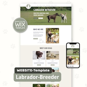 Könnte beinhalten: Eine Website-Vorlage für einen Labrador Retriever-Züchter. Das Design zeigt Bilder von Labrador Retrievern, Text mit der Aufschrift "Labrador Retriever" und "Selected Hunting Lines From Mariado" sowie ein Handy-Mockup.