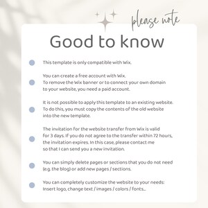 May include: A list of information about Wix website templates, including compatibility, account creation, website transfer, and customization options. The text is written in a friendly and informative tone.