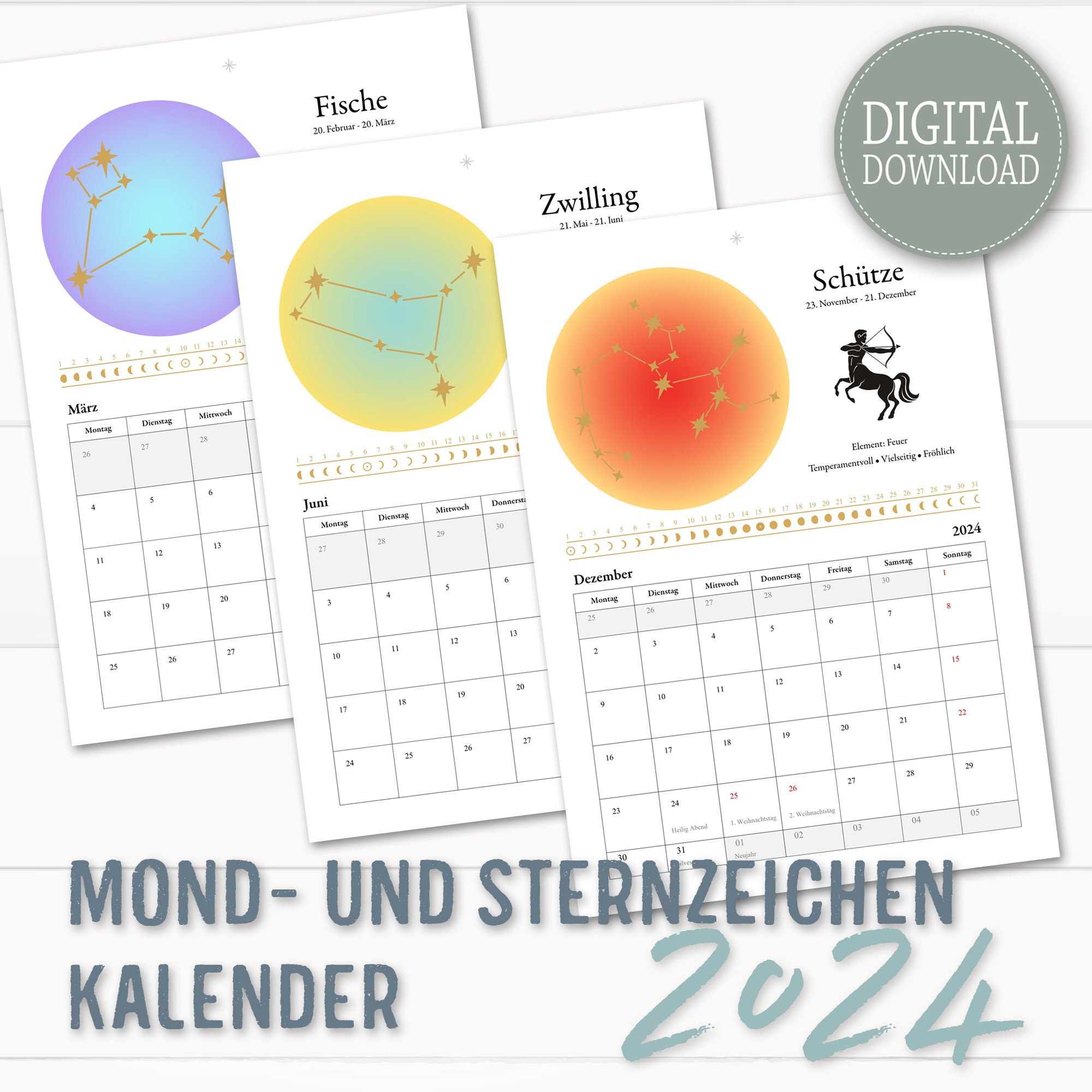Mondkalender Sternzeichen Kalender 2024 zum Ausdrucken DIN A4