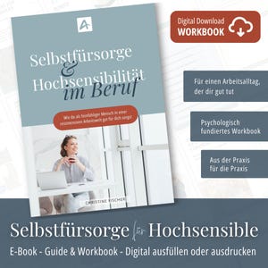 May include: A digital workbook titled "Self-Care & High Sensitivity at Work" with a woman holding a mug. The cover is light blue with white text. Additional text includes "Digital Download WORKBOOK" and "E-Book - Guide & Workbook - Digital fill in or print."