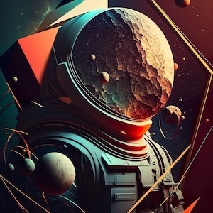 Puede incluir: Un casco de astronauta estilizado con una vista de una galaxia y planetas. El casco está rodeado de formas geométricas y líneas en tonos naranja, amarillo y azul.