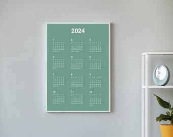 2024 Poster Calendar, High Quality Matte Paper, Year Planner, Office Wall Planner, 170 gsm Available in A1, A2, A3 and 50x70cm Aqua Green