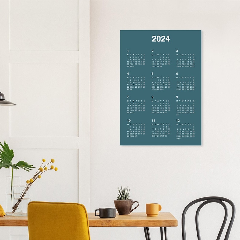 2024 A1 Wall Calendar Poster, Colour Teel, Premium Matte Paper, A1 Year Planner, A1 Office Wall