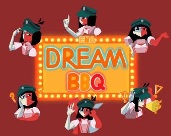 Könnte beinhalten: Eine digitale Illustration mit dem Text ENA DREAM BBQ in orangefarbenen Buchstaben auf einem gelben Leuchtschild mit Glühbirnen. Sechs stilisierte Figuren mit zweifarbigen Gesichtern, dunklem Haar und grünen Mützen sind um das Schild angeordnet.