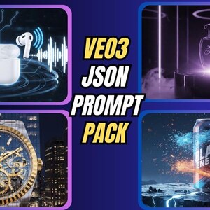 May include: A digital graphic featuring four product mockups. Includes wireless earbuds, a perfume bottle, a watch, and an energy drink can. The text "VE03 JSON PROMPT PACK" is displayed in yellow and white.