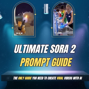Puede incluir: Imagen promocional con el texto "ULTIMATE SORA 2 PROMPT GUIDE". La imagen incluye dos miniaturas de vídeo, una con un gato y otra con personas. También está presente el texto "THE ONLY GUIDE YOU NEED TO CREATE VIRAL VIDEOS WITH AI".