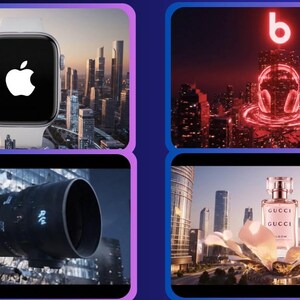May include: An Apple Watch with a white band displays the Apple logo against a cityscape backdrop. The image is divided into four sections, each showcasing a different product or brand.