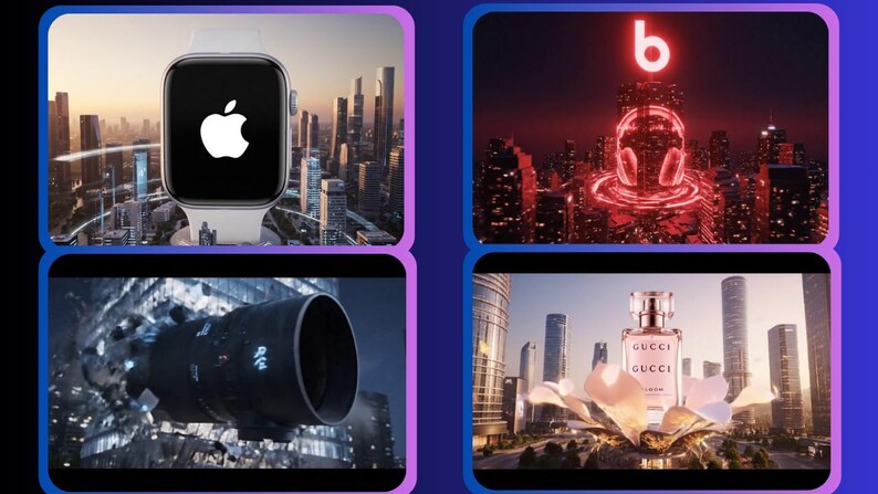 May include: An Apple Watch with a white band displays the Apple logo against a cityscape backdrop. The image is divided into four sections, each showcasing a different product or brand.