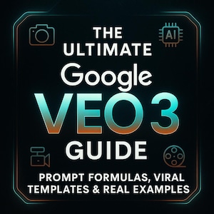 Könnte beinhalten: Digitalgrafik mit dem Text "THE ULTIMATE Google VEO 3 GUIDE" in Weiß und Türkis. Der Text "PROMPT FORMULAS, VIRAL TEMPLATES & REAL EXAMPLES" steht darunter. Der Hintergrund ist schwarz mit einem Neon-Stil-Rand und Symbolen.