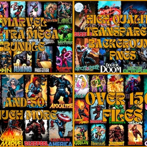 May include: A collage of Marvel comic book characters with transparent backgrounds. The text reads "Marvel Ultra Mega Bundle High Quality Transparent Background PNGs Over 150+ Files".
