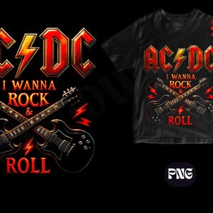 Pode incluir: Camiseta preta com o logotipo AC/DC, um raio e guitarras cruzadas. O texto "I Wanna Rock & Roll" é exibido abaixo do logotipo. O design é em vermelho e dourado.