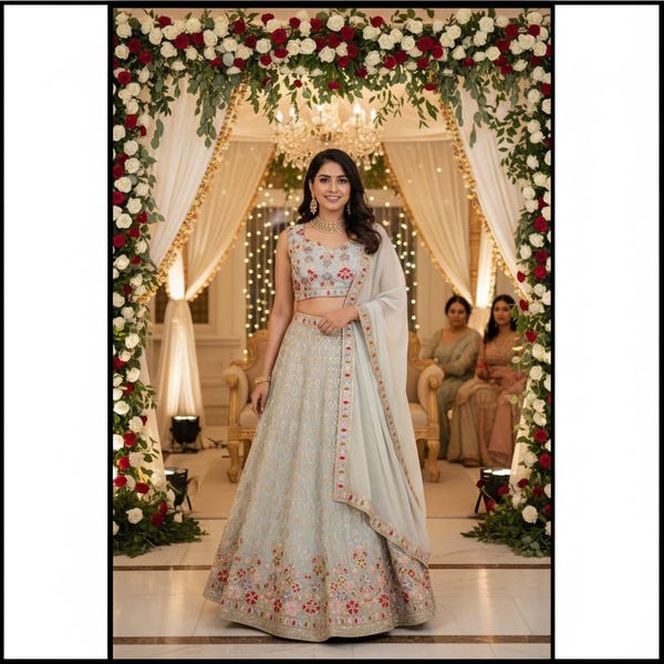 Pastel Embroidered Lehenga Choli with Dupatta | Indian Wedding Guest Outfit