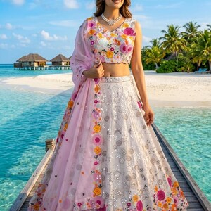Embroidered Net Lehenga Choli Set | Pastel Floral Wedding Bridal Wear image 2