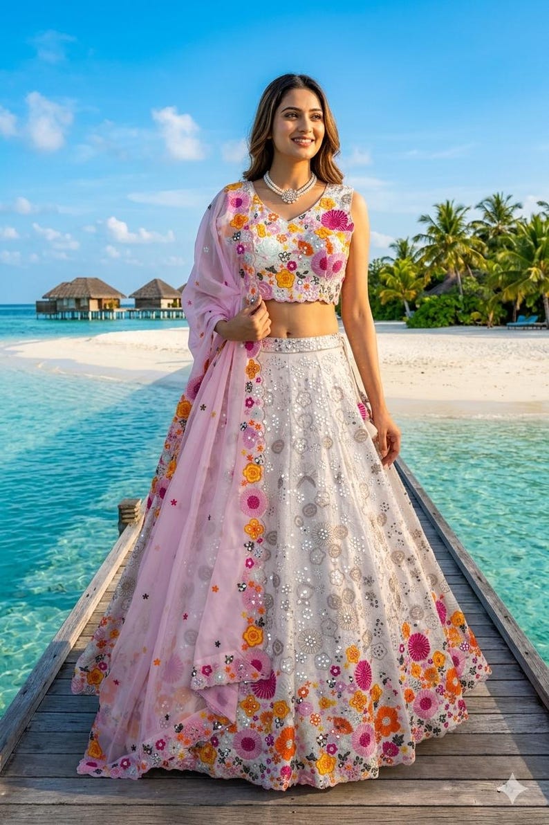 Embroidered Net Lehenga Choli Set | Pastel Floral Wedding Bridal Wear image 2