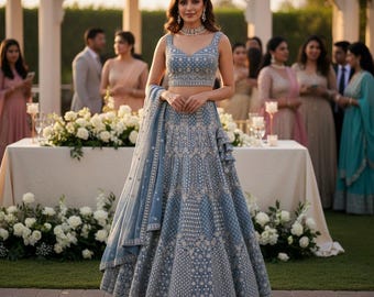 Dusty Blue Embroidered Lehenga Choli Set | Bridesmaid Lehenga with Dupatta | Wedding Reception Outfit