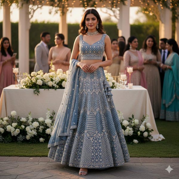 Conjunto de lehenga choli bordado en azul polvoriento / Lehenga de dama de honor con dupatta / Traje de recepción de boda