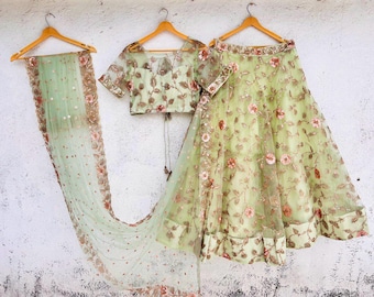 Embroidered Lehenga Choli: Pistachio Green Indian Wedding Outfit