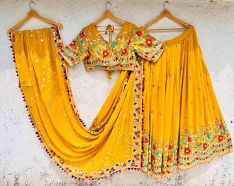 Mustard Yellow Mirror Work Lehenga Choli: Embroidered Gujarati Garba Outfit