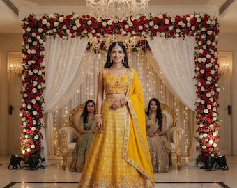 Yellow Embroidered Lehenga Choli with Dupatta | Haldi Ceremony Outfit | Mehndi Bridesmaid Dress
