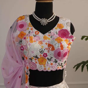 Embroidered Net Lehenga Choli Set | Pastel Floral Wedding Bridal Wear image 8