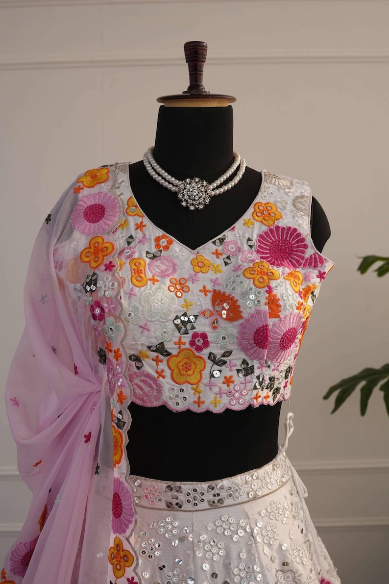 Embroidered Net Lehenga Choli Set | Pastel Floral Wedding Bridal Wear image 8