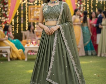 Olive Green Lehenga Choli Set | Embroidered Indian Wedding Outfit
