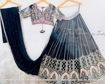 Lehenga Choli negra bordada: atuendo de boda indio, talla personalizada