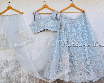 Sky Blue Embroidered Net Lehenga Choli: Indian Bridal Dress