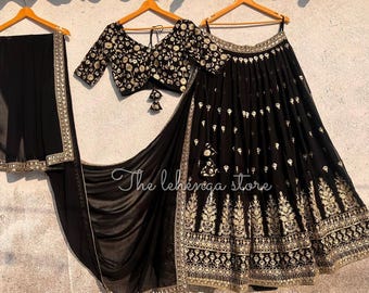 Lehenga Choli con bordado negro: atuendo de boda indio, corte personalizado