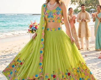 Pistachio Green Lehenga Choli Set, Floral Embroidered Bridal Lehenga