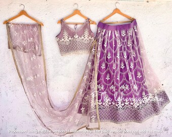 Lavender Embroidered Net Lehenga Choli: Indian Wedding Guest Outfit