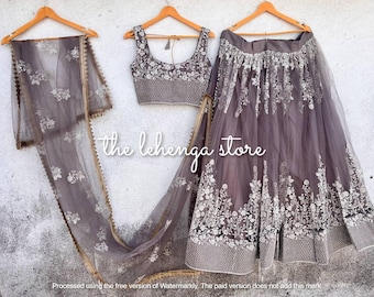 Gray Embroidered Net Lehenga Choli: Indian Wedding Outfit