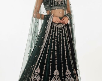 Dark Green Embroidered Lehenga Choli with Dupatta: Indian Wedding Outfit