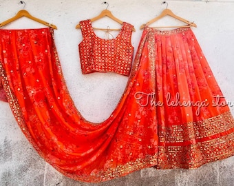Lehenga choli naranja listo para usar para mujer, organza floral, bordados.