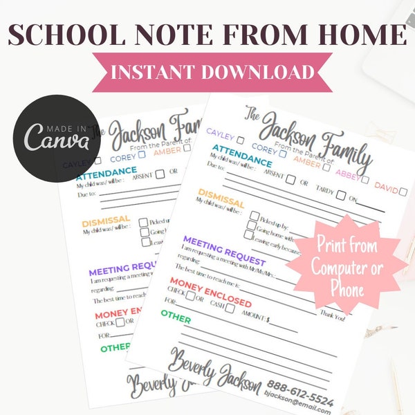 EDITABLE School Note Digital Download| Excuse Note| School Note from Mom| School Note for Parents| School Note Template| Parent Note