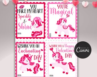 May include: Four printable Valentine's Day cards featuring pink unicorns with pink hearts and the text "You make my heart sparkle & shine", "You're Magical", "Wishing you an enchanting day", and "Wishing you a happy Valentine's Day".