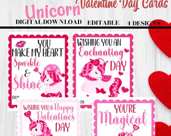 May include: Four printable Valentine's Day cards featuring pink unicorns with hearts and the text "You make my heart sparkle & shine", "Wishing you an enchanting day", "Wishing you a happy Valentine's Day", and "You're magical".