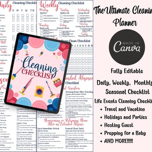 Editable House Cleaning Checklist, Printable Cleaning Schedule, Cleaning Routine, Household Binder, Life Binder, Weekly Cleaning Checklist