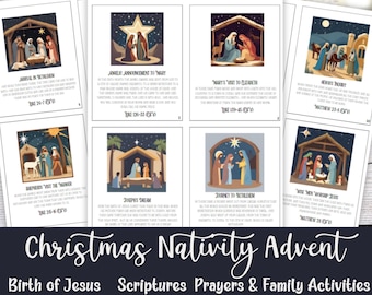 Crèche de Noël imprimable, calendrier de l'Avent, calendrier de l'Avent pour enfants, avent adultes, cartes de vœux de la Nativité, cliparts crèche de Noël