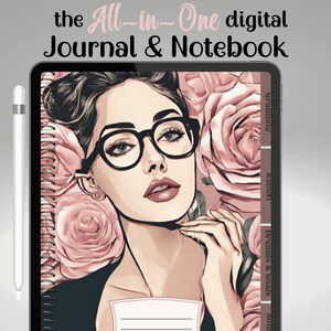 Könnte beinhalten: Ein digitales Tagebuch und Notizbuch mit schwarzem Einband und Spiralbindung. Der Einband zeigt eine stilisierte Illustration einer Frau mit Brille und rosa Rosen. Das Notizbuch hat Registerkarten für "Träume und Ziele", "Dankbarkeit" und "To-Do".