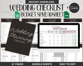 Lista de verificación de bodas + Paquete de hojas de cálculo de presupuesto de bodas, Plantilla de lista de verificación de bodas, Editar en Canva, Google Docs, Seguimiento de presupuesto de bodas