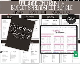 Lista de verificación de bodas + Paquete de hojas de cálculo de presupuesto de bodas, Plantilla de lista de verificación de bodas, Editar en Canva, Google Docs, Seguimiento de presupuesto de bodas