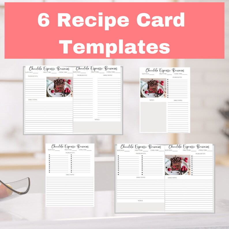 May include: Six printable recipe card templates featuring a photo of chocolate espresso brownies. Each template includes sections for servings, prep time, cook time, ingredients, directions, and notes.