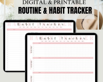 May include: Two digital printable habit trackers with pink and white grids. The trackers are labelled "Habit Tracker" and have columns for each month of the year. The trackers are designed to help people track their daily habits and routines.